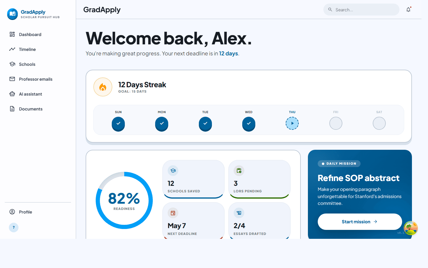 GradApply dashboard preview — streak card, readiness gauge, stat tiles, and daily mission
